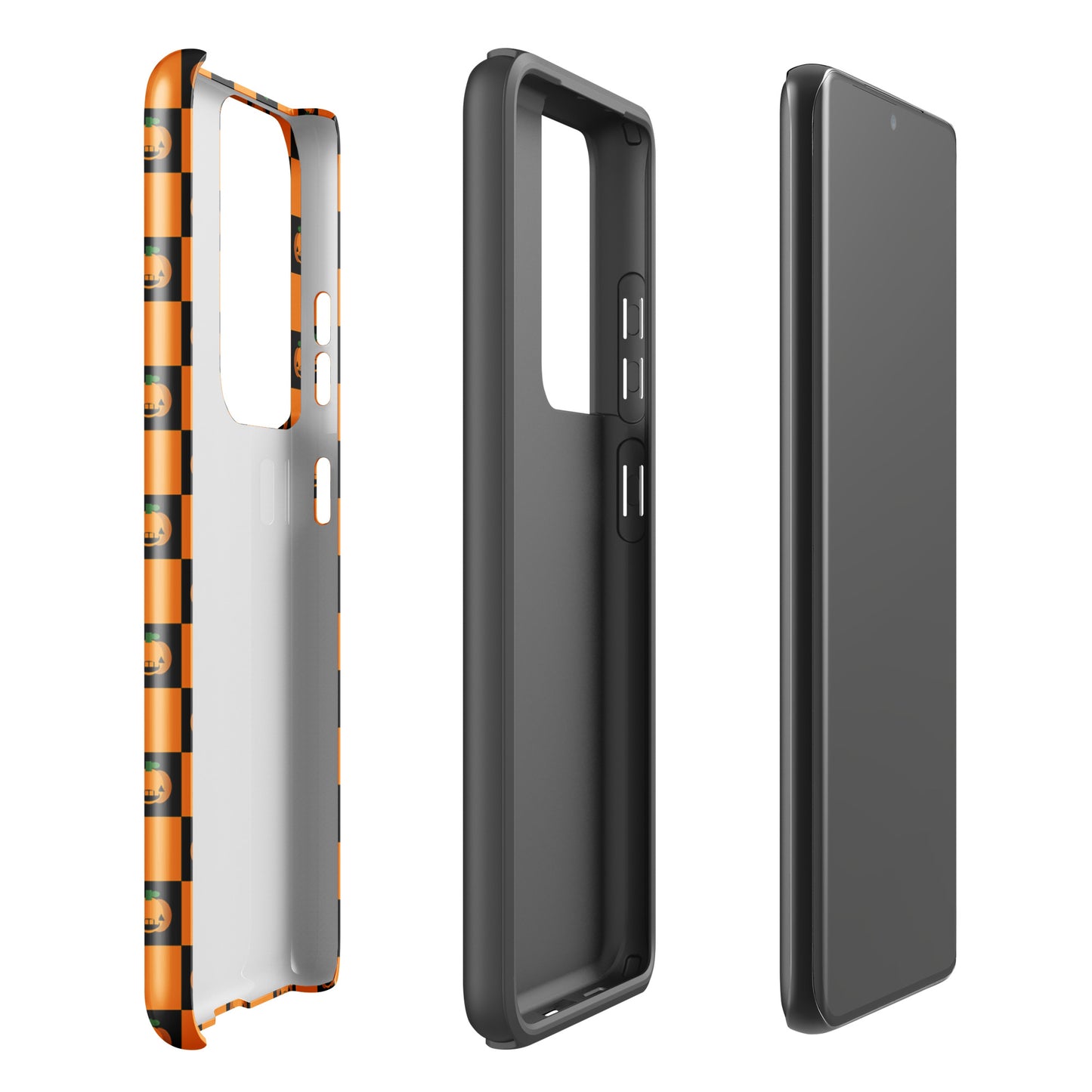Phone Case for Samsung Galaxy - Pumpkin Checkered Halloween Design in orange and black with jack-o'-lanterns.