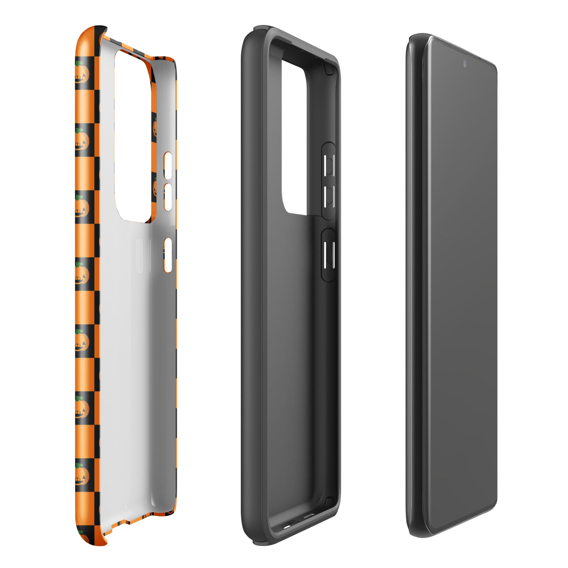 Phone Case for Samsung Galaxy - Pumpkin Checkered Halloween Design in orange and black with jack-o'-lanterns.