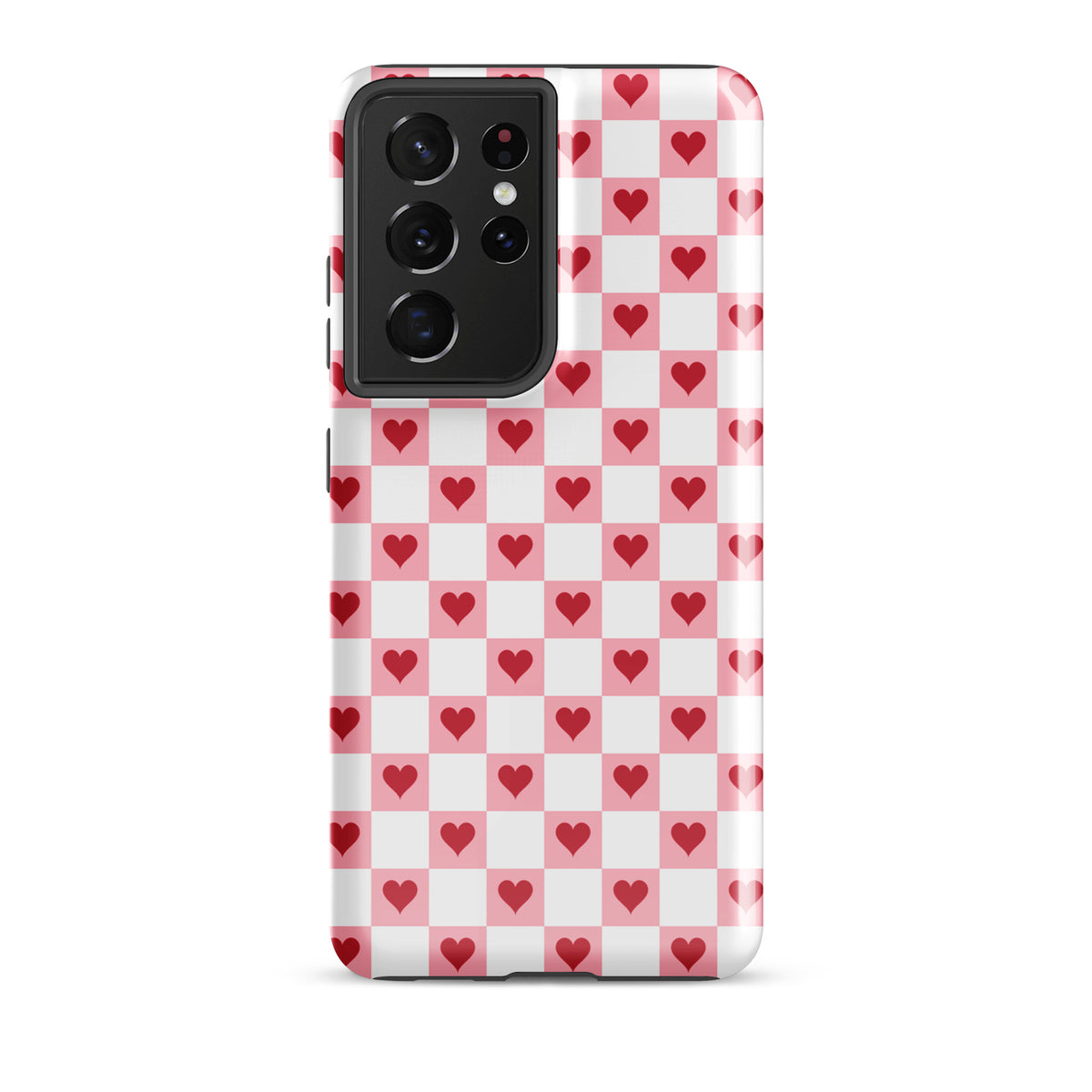 Phone Case for Samsung Galaxy with pink and white checkered design featuring red hearts for a charming and playful look.