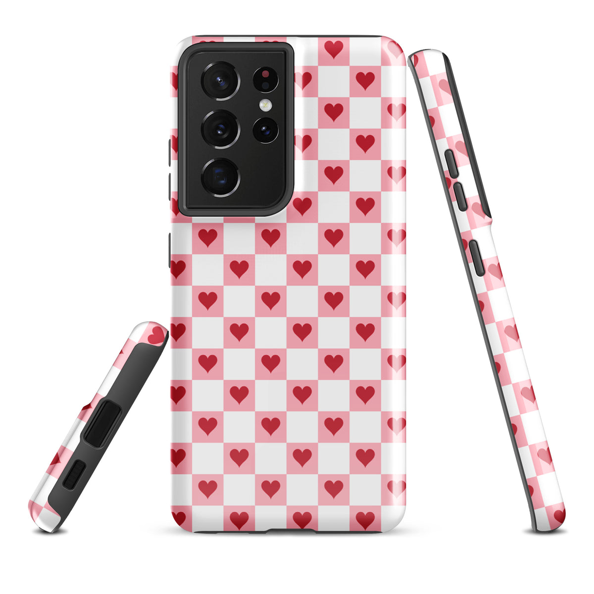 Phone Case for Samsung Galaxy with pink-and-white checkered design and red hearts, offering a charming and playful style.