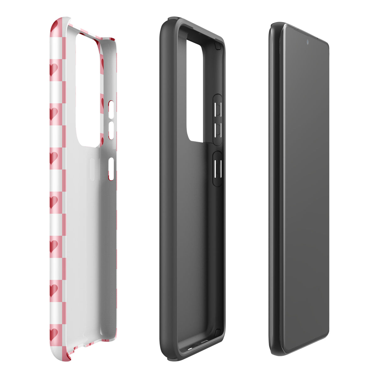 Phone Case for Samsung Galaxy with pink-and-white checkered design and red hearts, showcasing the front and back of the case.