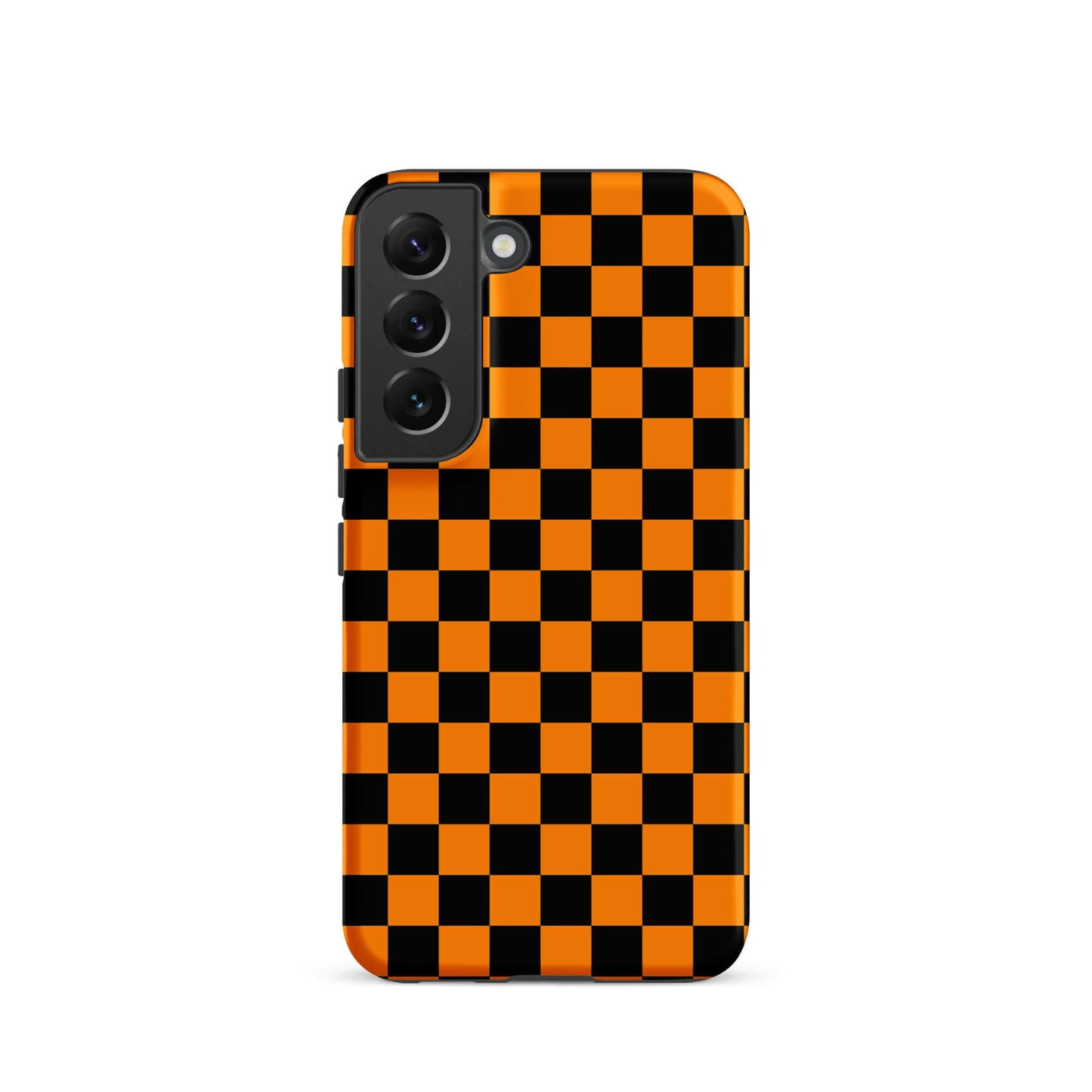 Phone Case for Samsung Galaxy with vibrant orange-black checkered design, offering a bold retro and modern look.