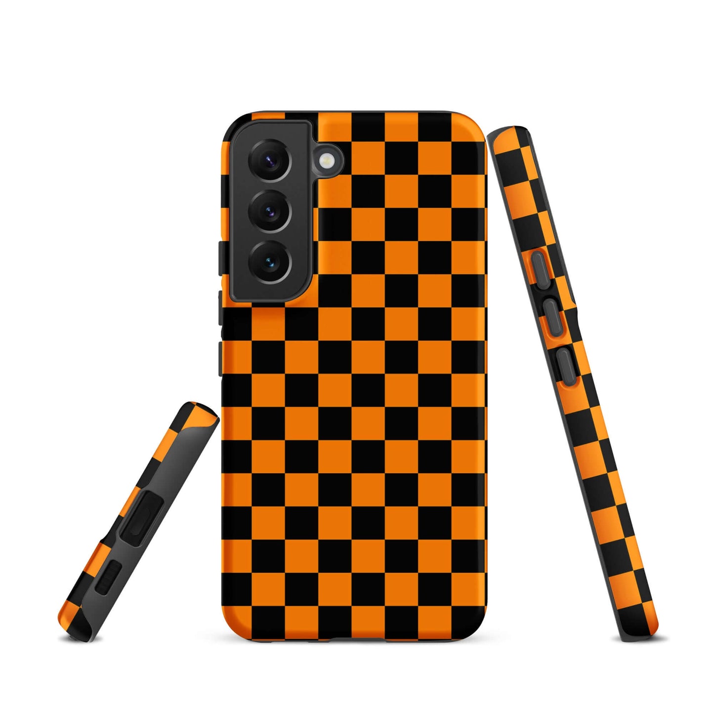 Phone Case for Samsung Galaxy with vibrant orange and black checkered design, retro modern flair, full view