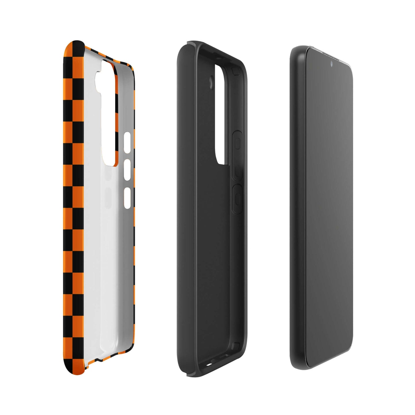 Phone Case for Samsung Galaxy with vibrant orange-black checkered design, showcasing bold retro style and modern flair.