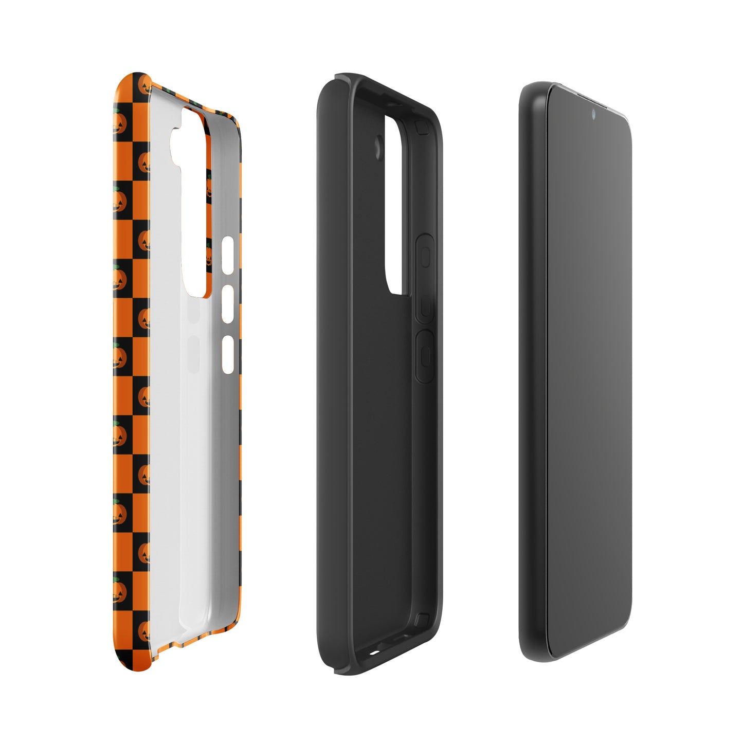 Phone Case for Samsung Galaxy with pumpkin checkered Halloween design, featuring orange and black squares with jack-o'-lantern faces.