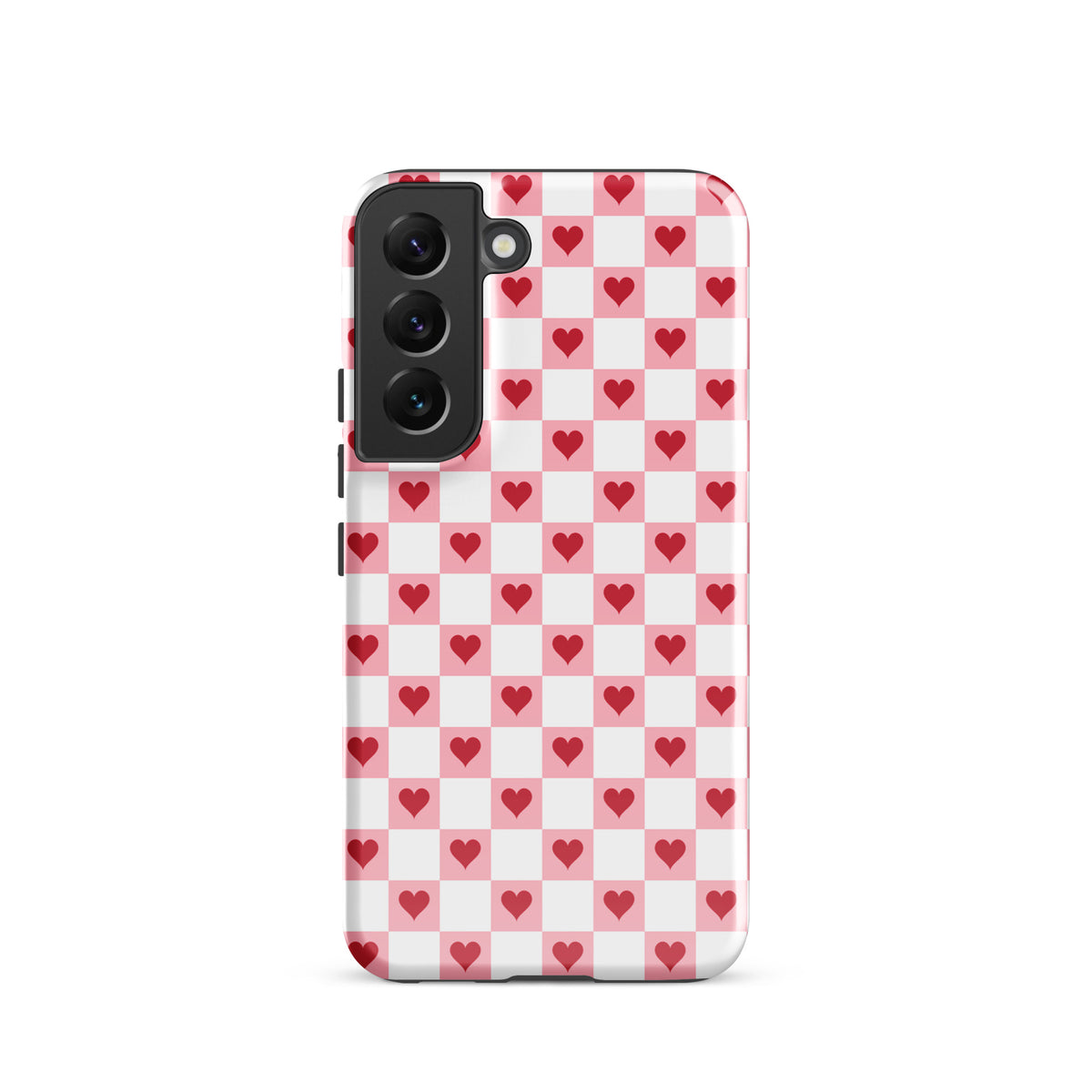 Phone Case with pink-and-white checkered design and red hearts for Samsung Galaxy.