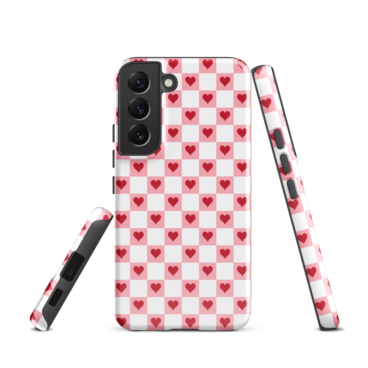 Phone Case for Samsung Galaxy in pink-and-white with red hearts checkered design.