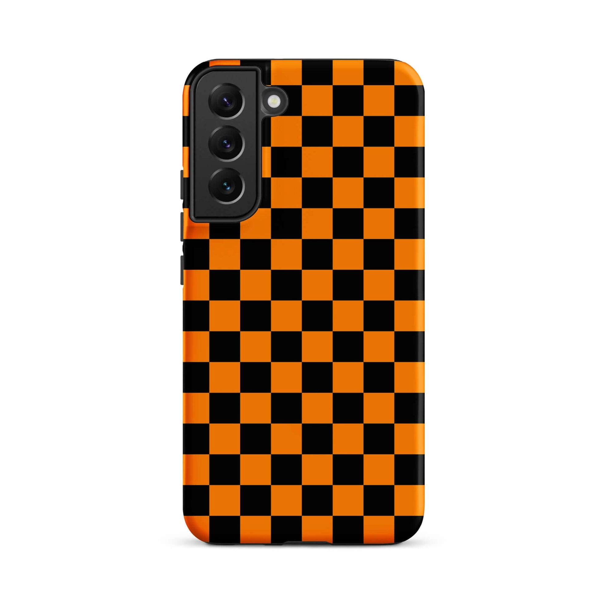 Phone Case for Samsung Galaxy with vibrant orange-black checkered design, offering retro fun and modern flair to your device.