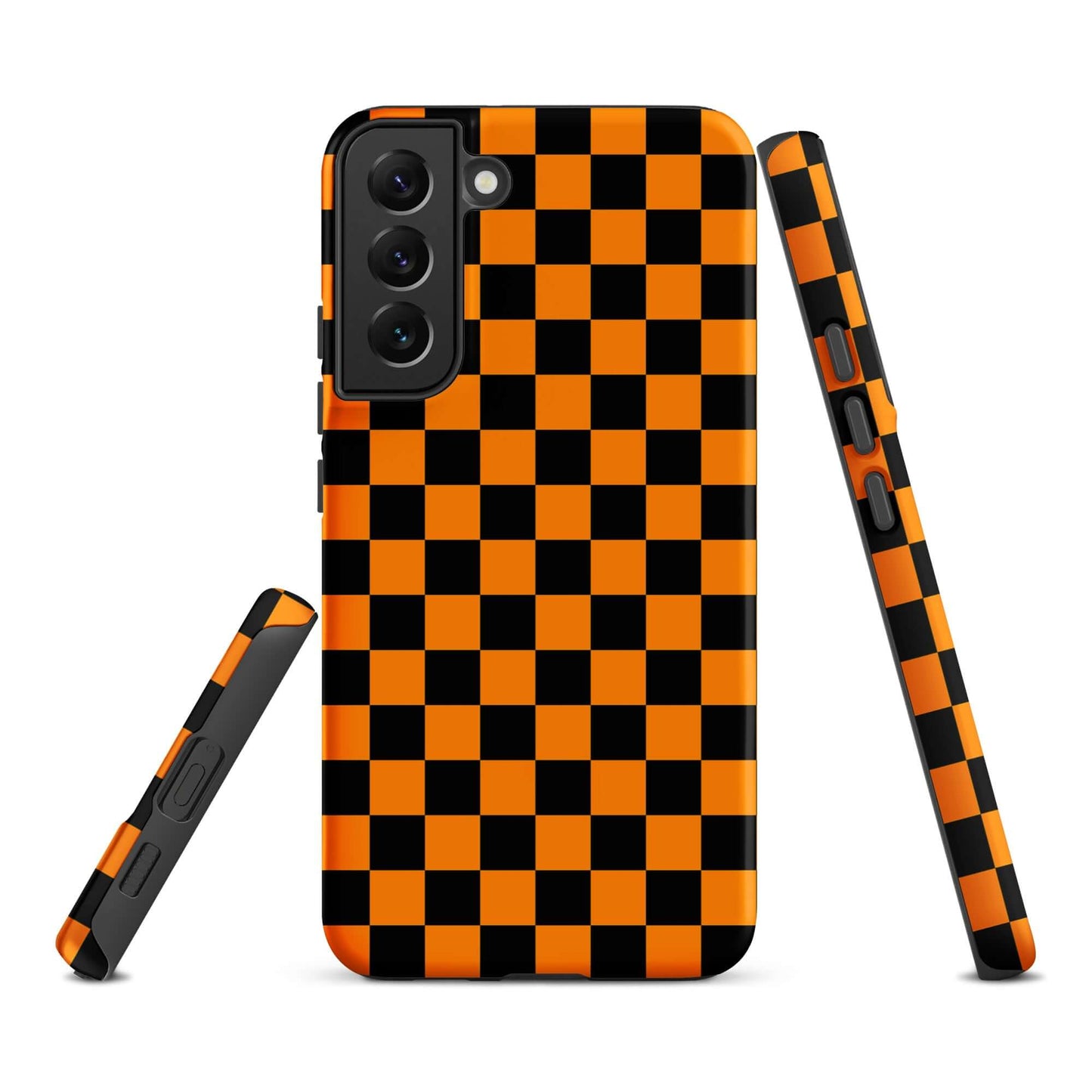 Phone Case with vibrant orange-black checkered design for Samsung Galaxy