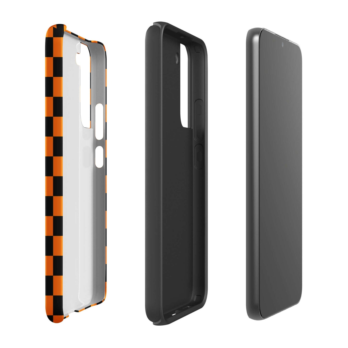 Phone Case for Samsung Galaxy with vibrant orange-black checkered design, showcasing retro fun and modern flair for stylish protection.
