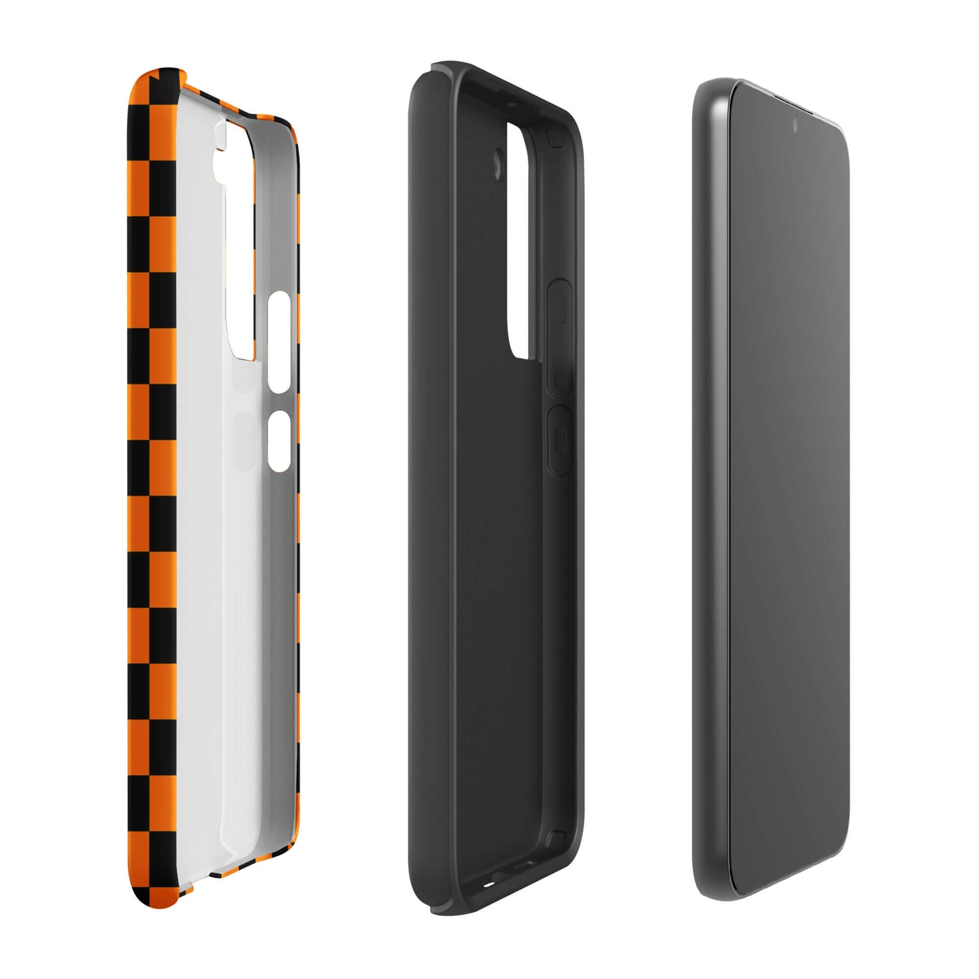 Phone Case for Samsung Galaxy with vibrant orange-black checkered design, showcasing retro fun and modern flair for stylish protection.