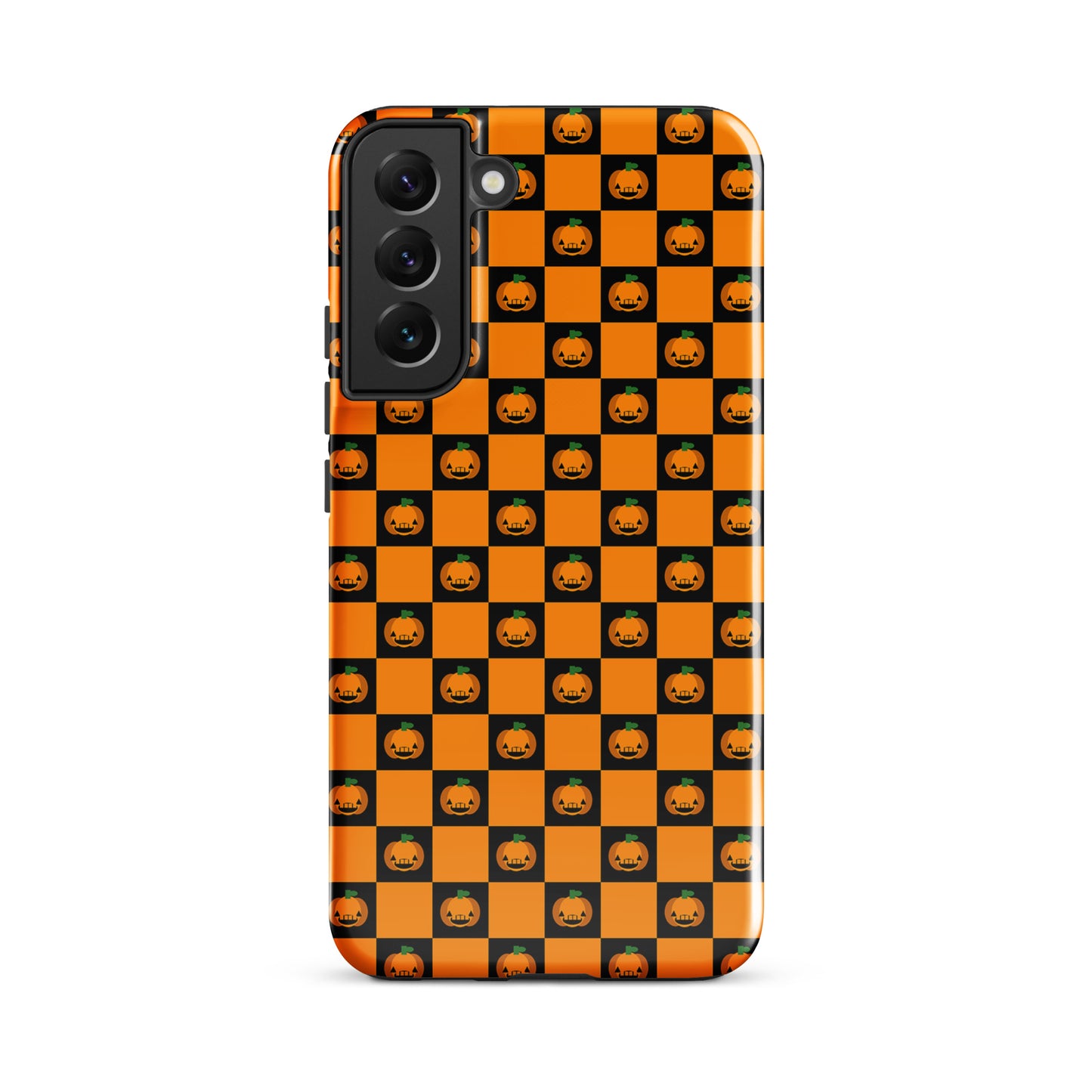 Phone Case for Samsung Galaxy with pumpkin checkered Halloween design featuring orange and black squares and jack-o’-lanterns.