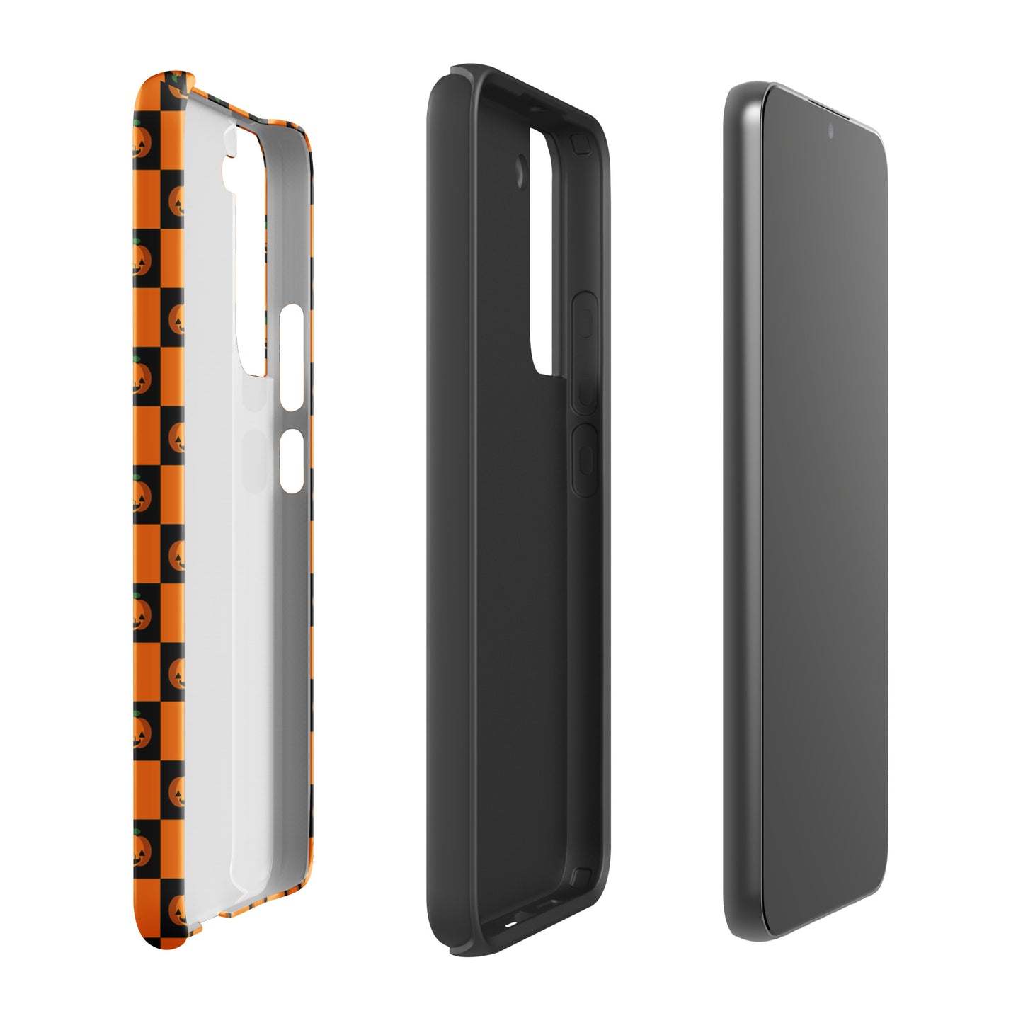 Phone Case for Samsung Galaxy with pumpkin checkered Halloween design, showing both inner and outer views, in orange and black pattern.
