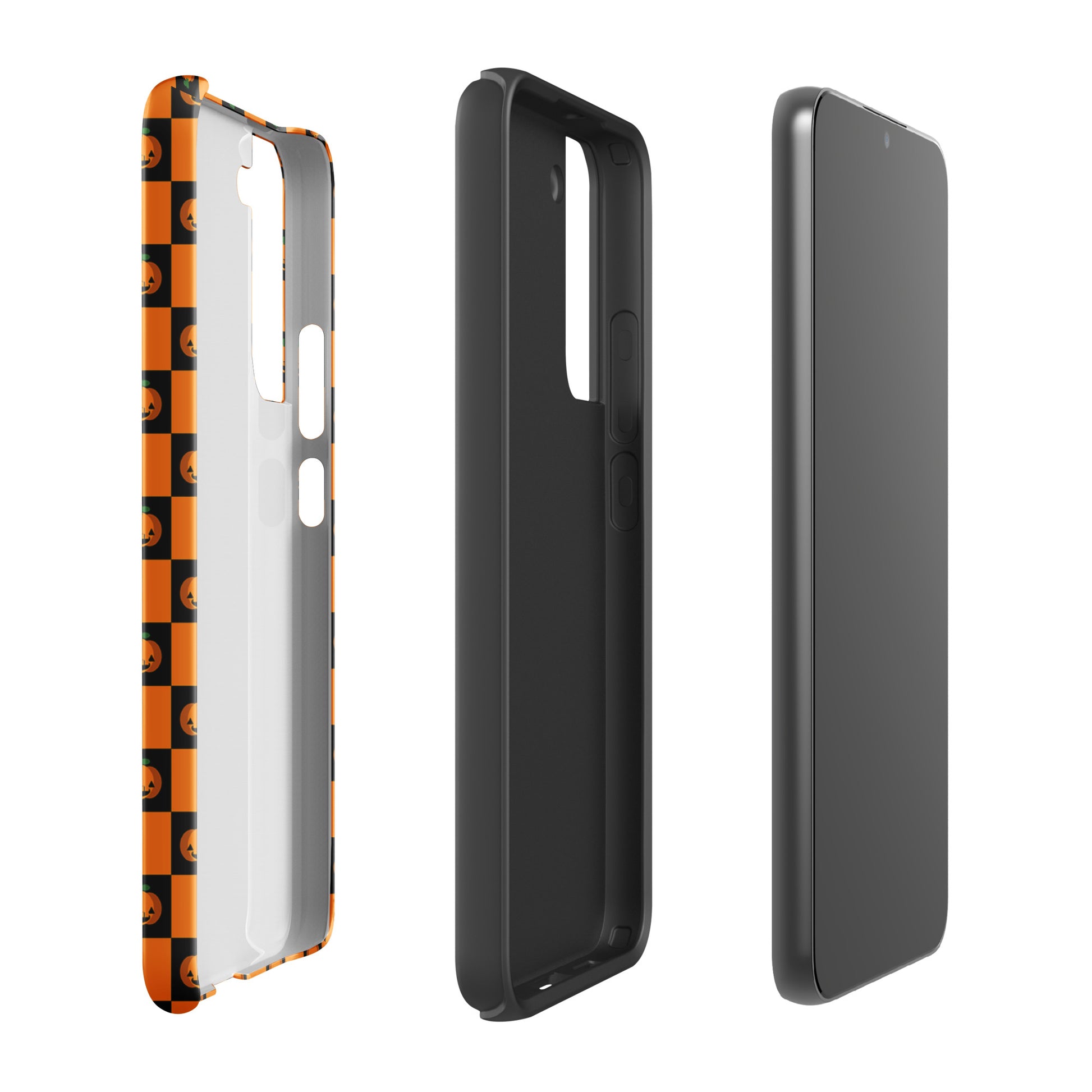 Phone Case for Samsung Galaxy with pumpkin checkered Halloween design, showing both inner and outer views, in orange and black pattern.