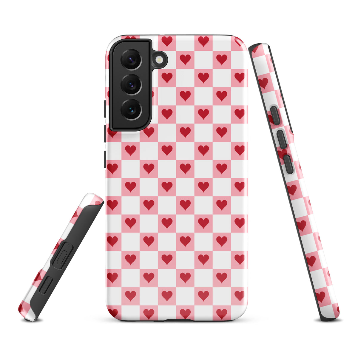 Phone Case for Samsung Galaxy in pink-and-white red hearts checkered design, adding charm and cheer to your mobile accessory collection.