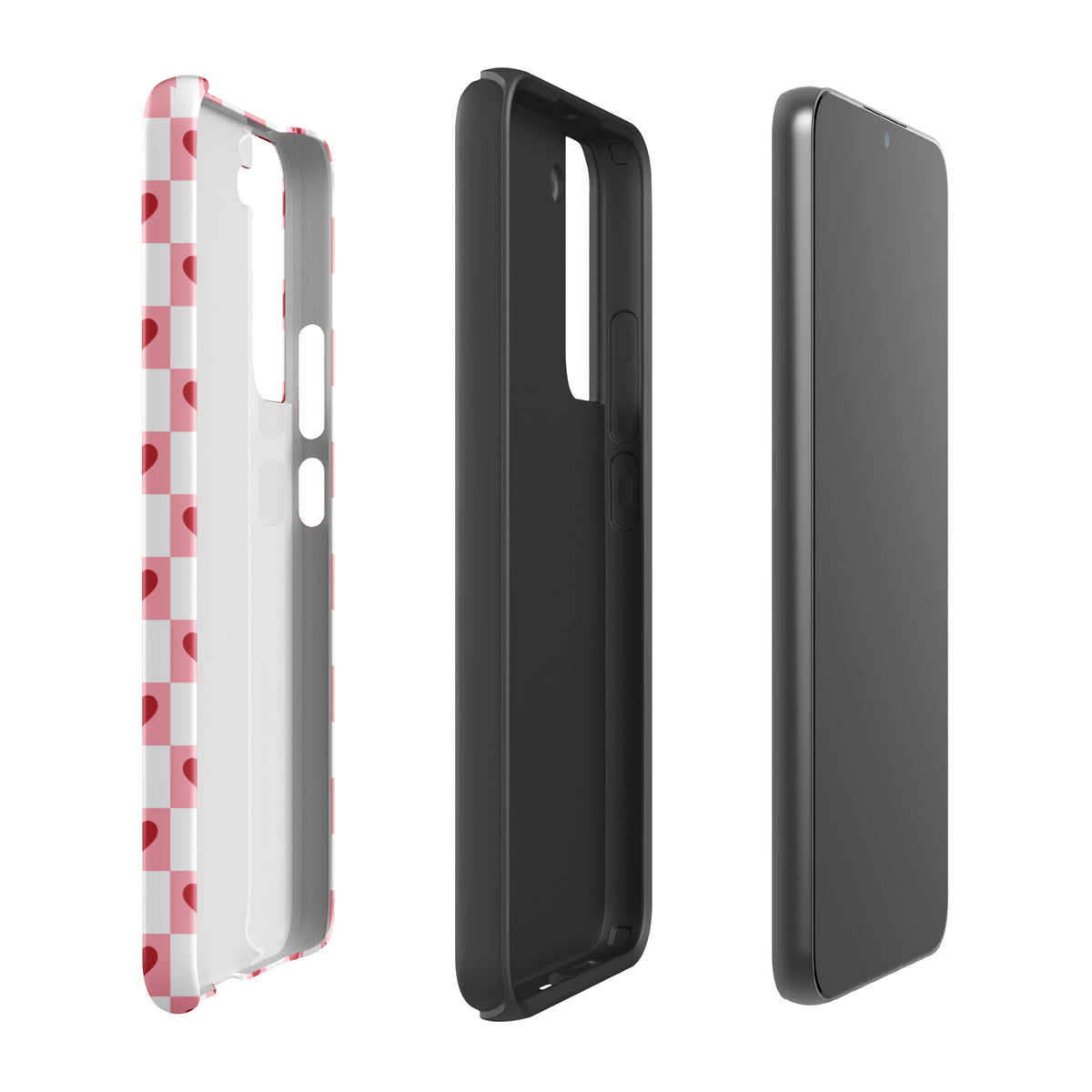 Phone Case for Samsung Galaxy, pink-and-white checkered design with red hearts, back and side view.