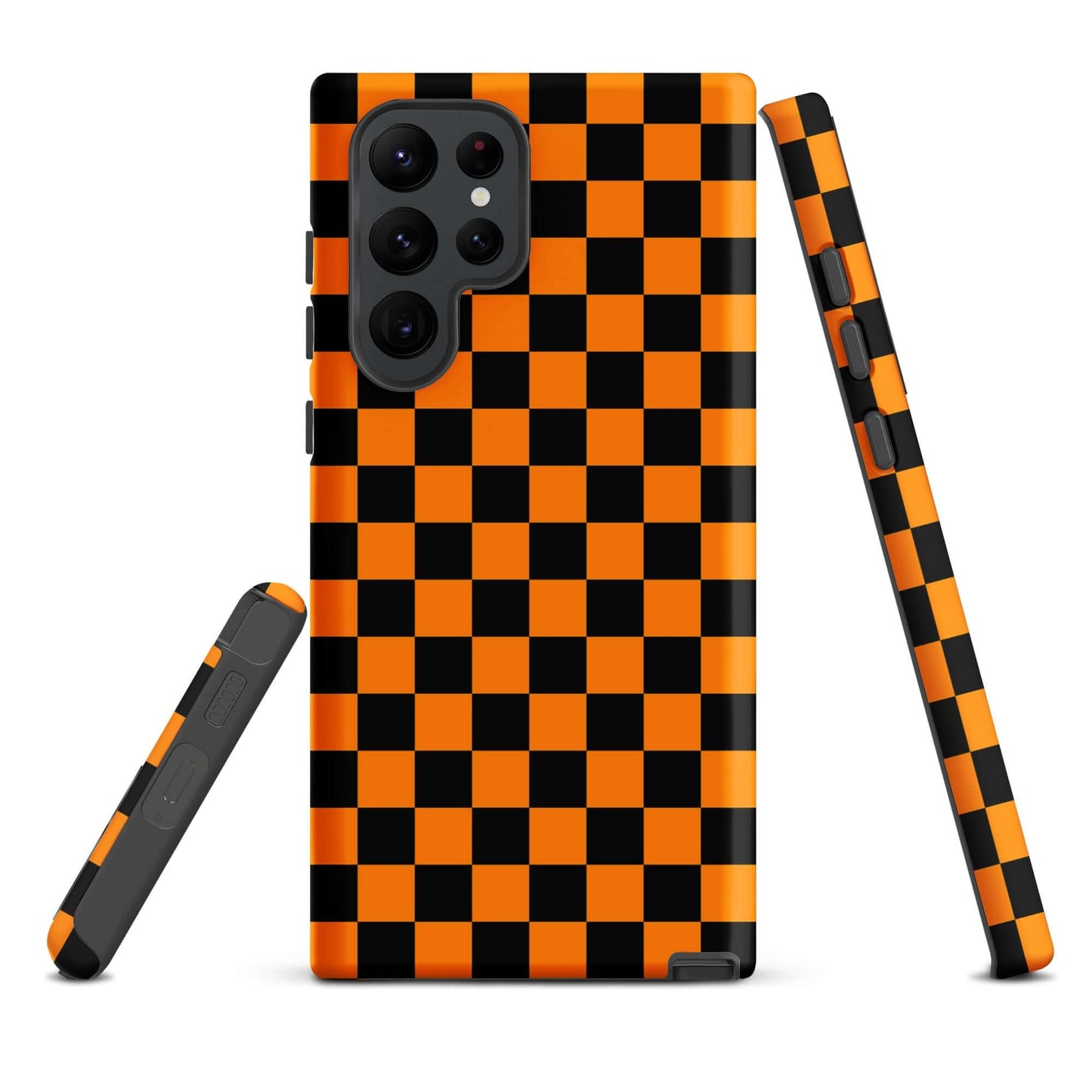 Phone Case for Samsung Galaxy with vibrant orange-black checkered design showcasing retro and modern style.