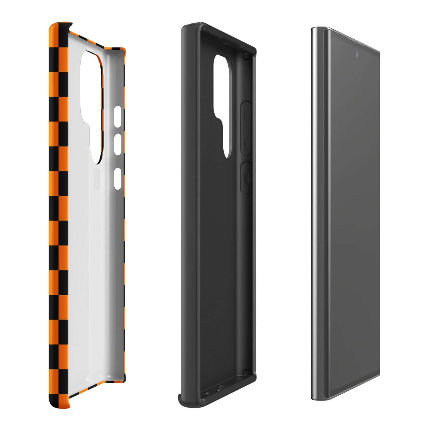 Phone Case for Samsung Galaxy with vibrant orange-black checkered design, showcasing retro and modern style, side view.