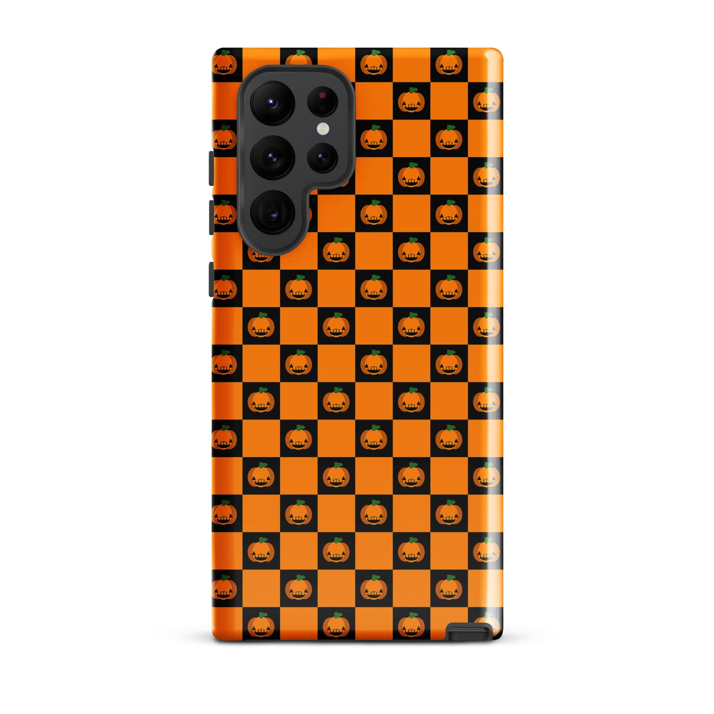 Phone Case for Samsung Galaxy with pumpkin checkered Halloween design, featuring orange and black squares with jack-o'-lanterns.