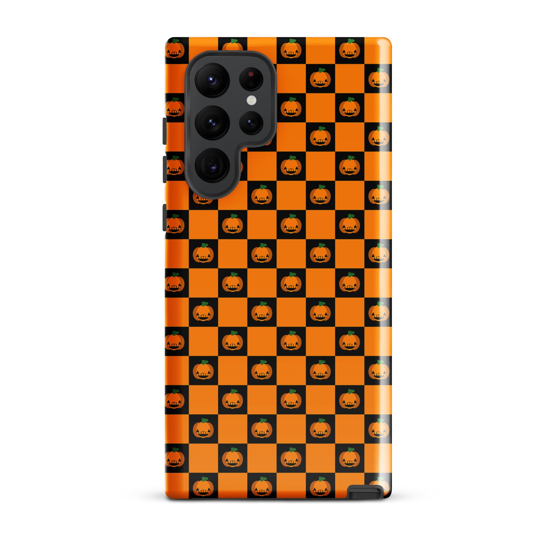 Phone Case for Samsung Galaxy with pumpkin checkered Halloween design, featuring orange and black squares with jack-o'-lanterns.