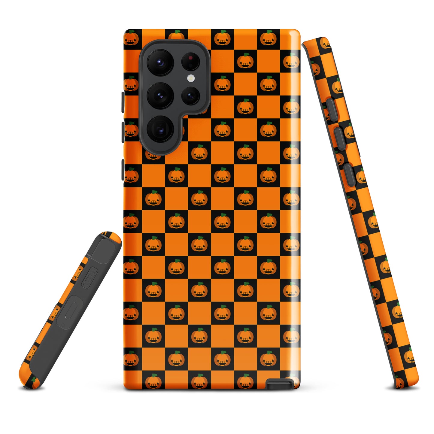 Phone Case for Samsung Galaxy in pumpkin checkered Halloween design, featuring orange and black squares with jack-o’-lanterns.