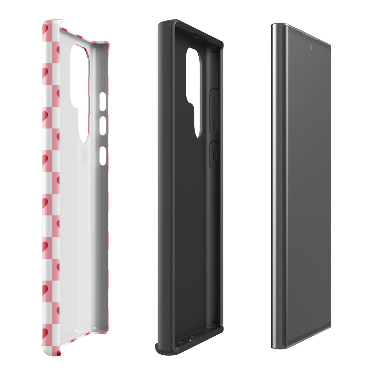 Phone Case for Samsung Galaxy with pink-and-white checkered red hearts design, charming and playful, side and interior views.