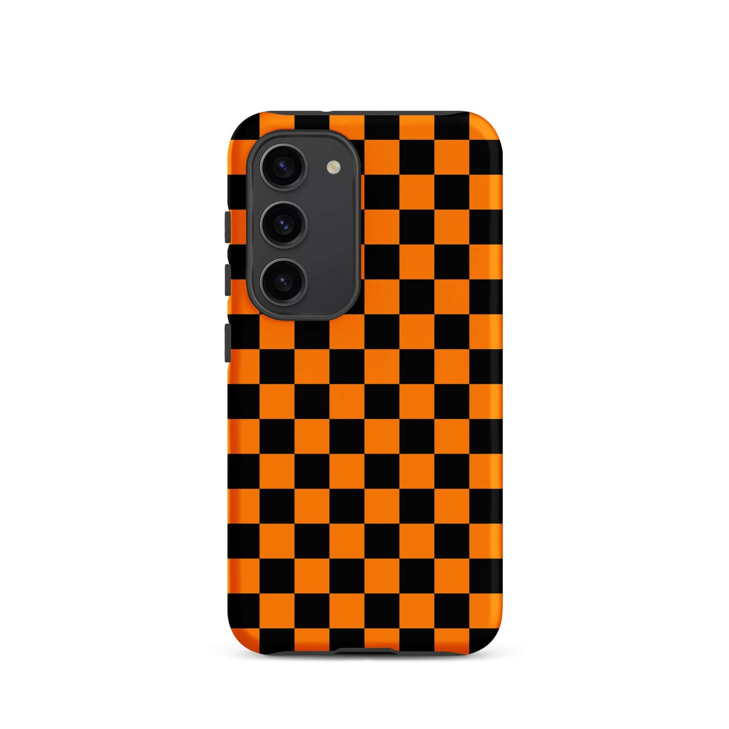Phone Case for Samsung Galaxy with vibrant orange-black checkered design, adds retro fun and modern flair to your device.