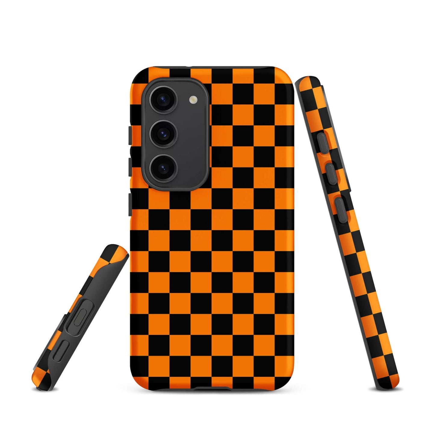 Phone Case for Samsung Galaxy with vibrant orange-black checkered design, offering retro fun and modern flair.