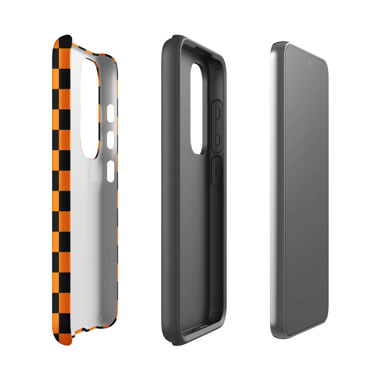 Phone Case for Samsung Galaxy with vibrant orange-black checkered design, showing front, back, and side view.