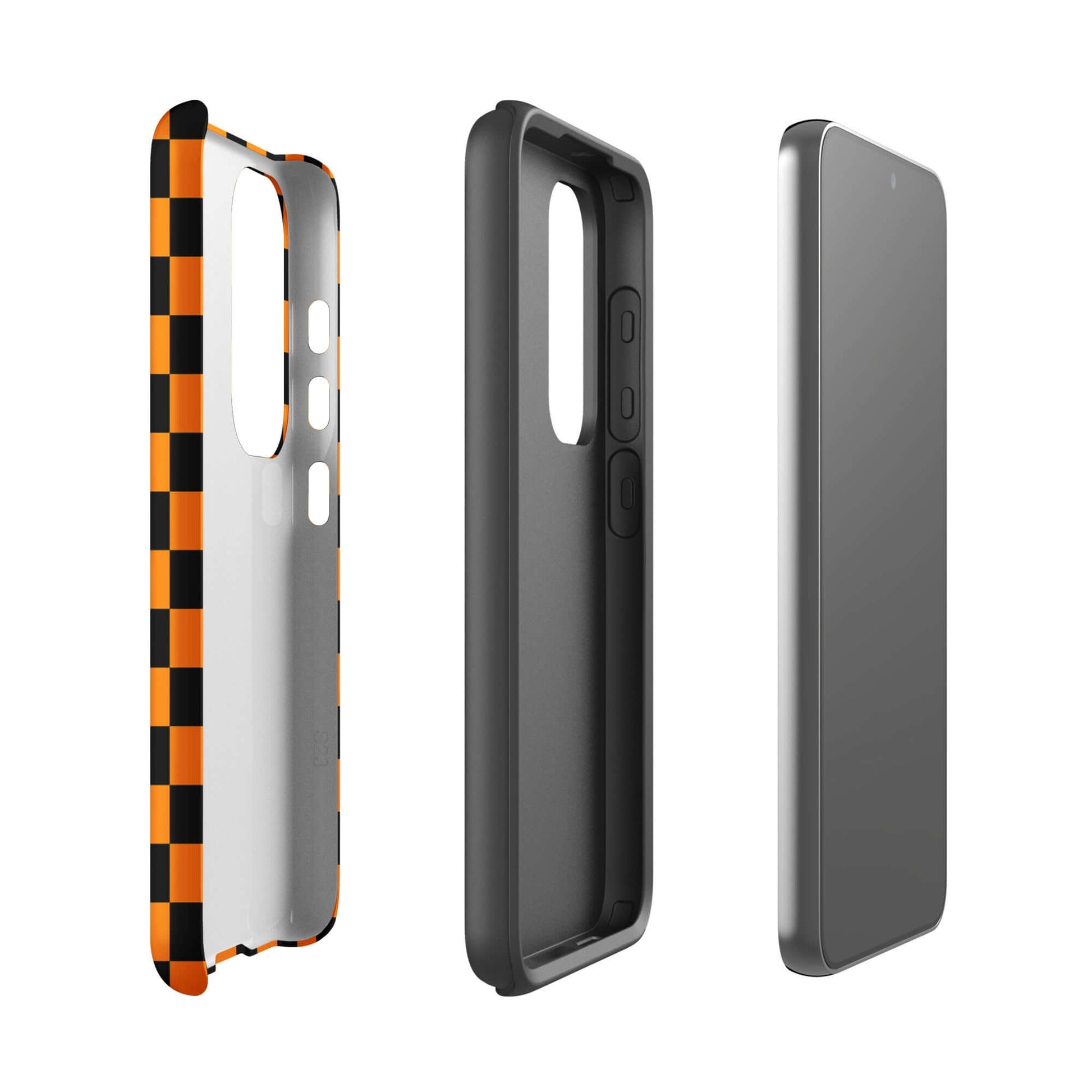 Phone Case for Samsung Galaxy with vibrant orange-black checkered design, showing front, back, and side view.