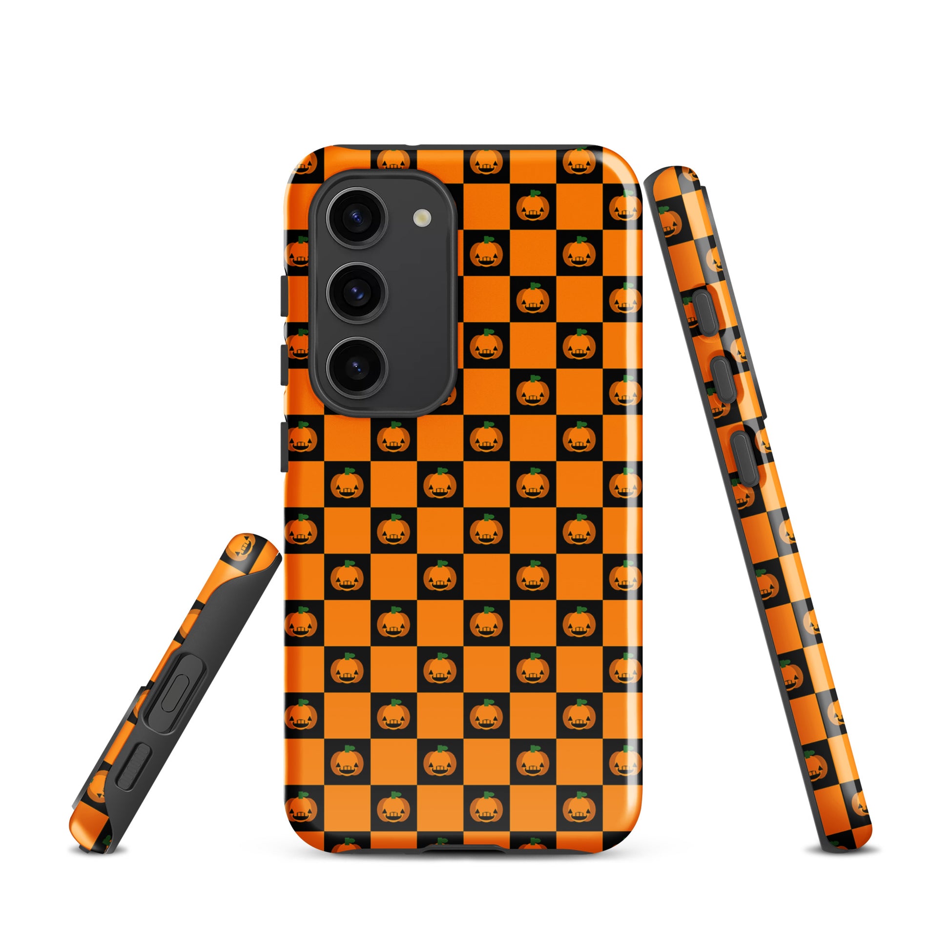Phone Case for Samsung Galaxy with pumpkin checkered Halloween design, featuring orange and black squares with jack-o’-lanterns.