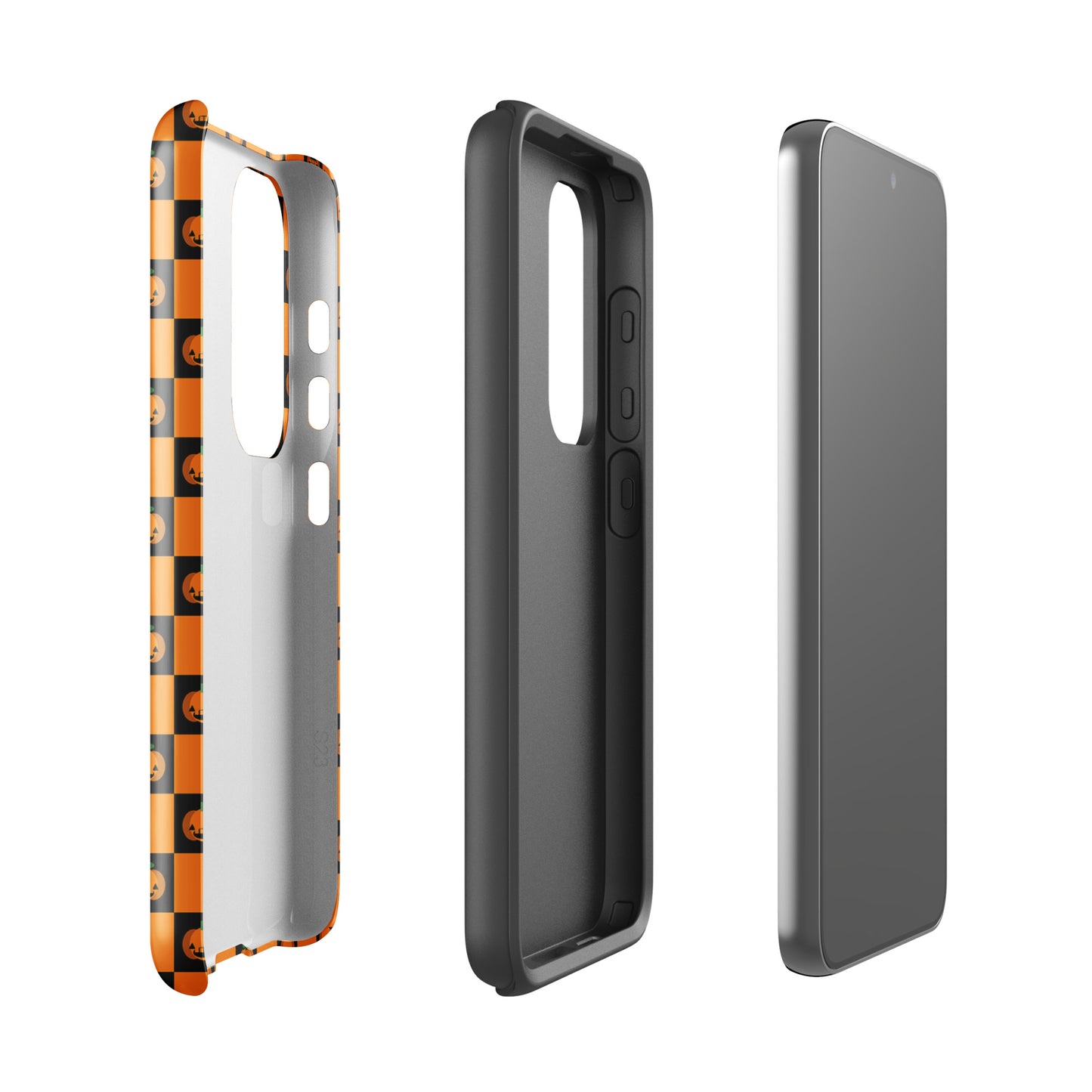 Phone Case for Samsung Galaxy with pumpkin checkered Halloween design, featuring orange and black squares and jack-o’-lanterns.