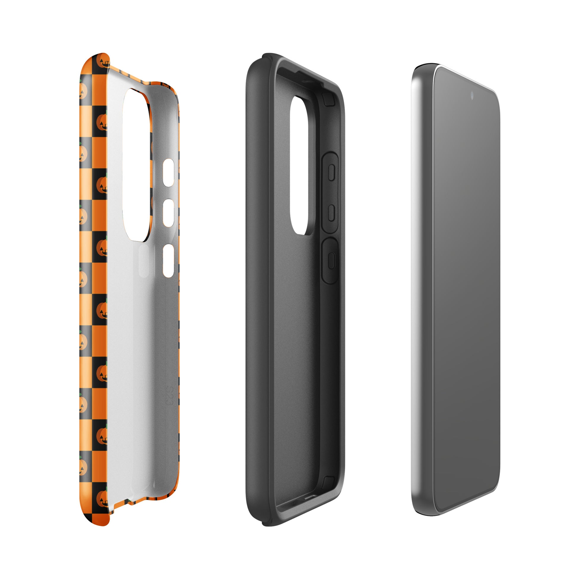 Phone Case for Samsung Galaxy with pumpkin checkered Halloween design, featuring orange and black squares and jack-o’-lanterns.