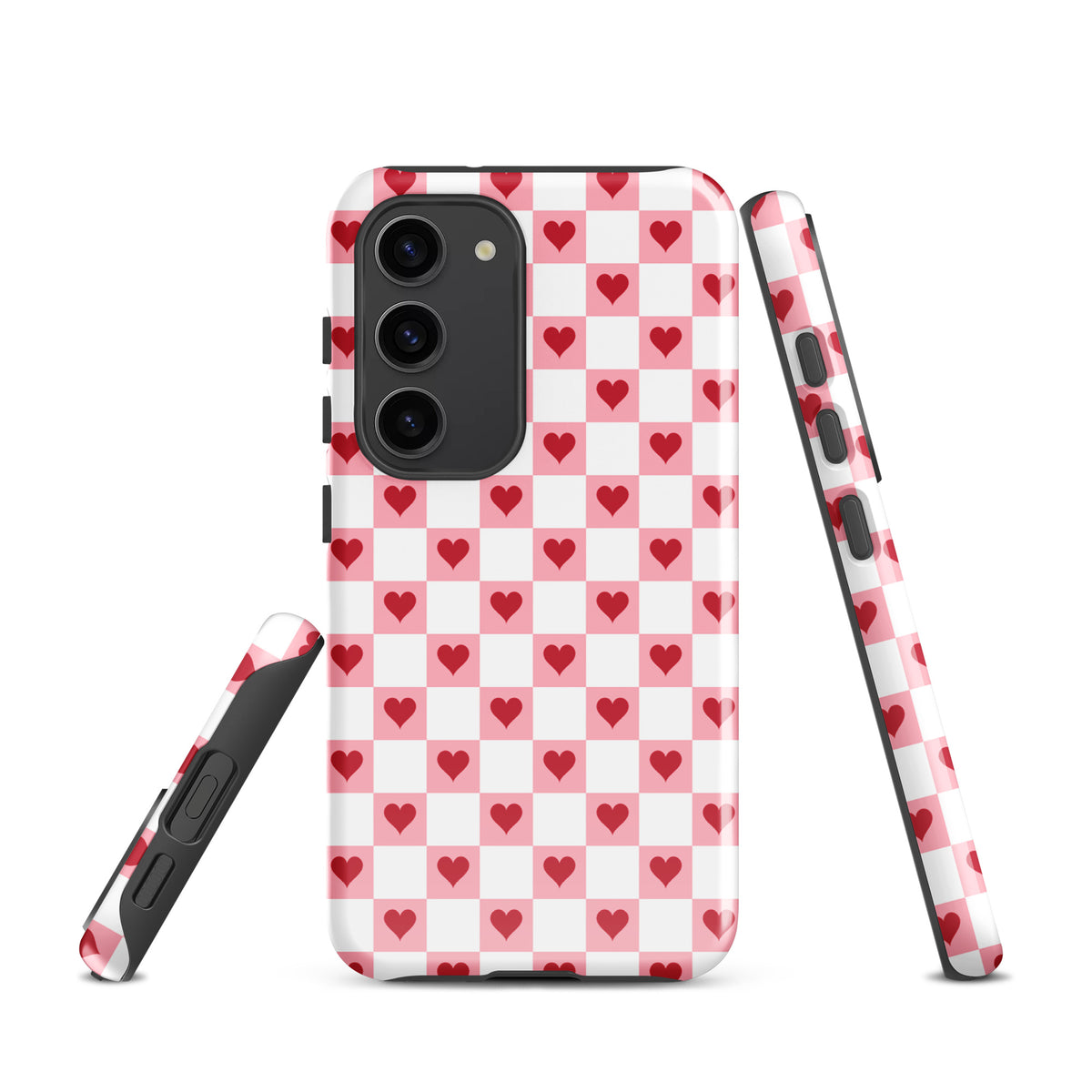 Phone Case for Samsung Galaxy with pink-and-white red hearts checkered design, showcasing charm and playfulness for everyday use.