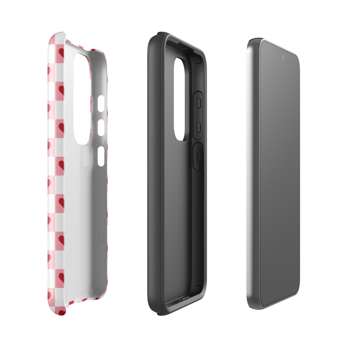Phone Case for Samsung Galaxy with pink-and-white checkered design and red hearts, shown with phone and interior view.