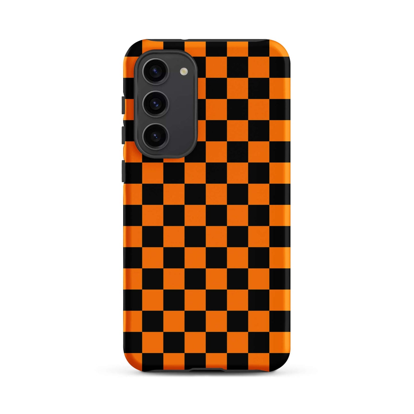 Phone Case for Samsung Galaxy with vibrant orange-black checkered design, offering a retro and modern flair for stylish protection.