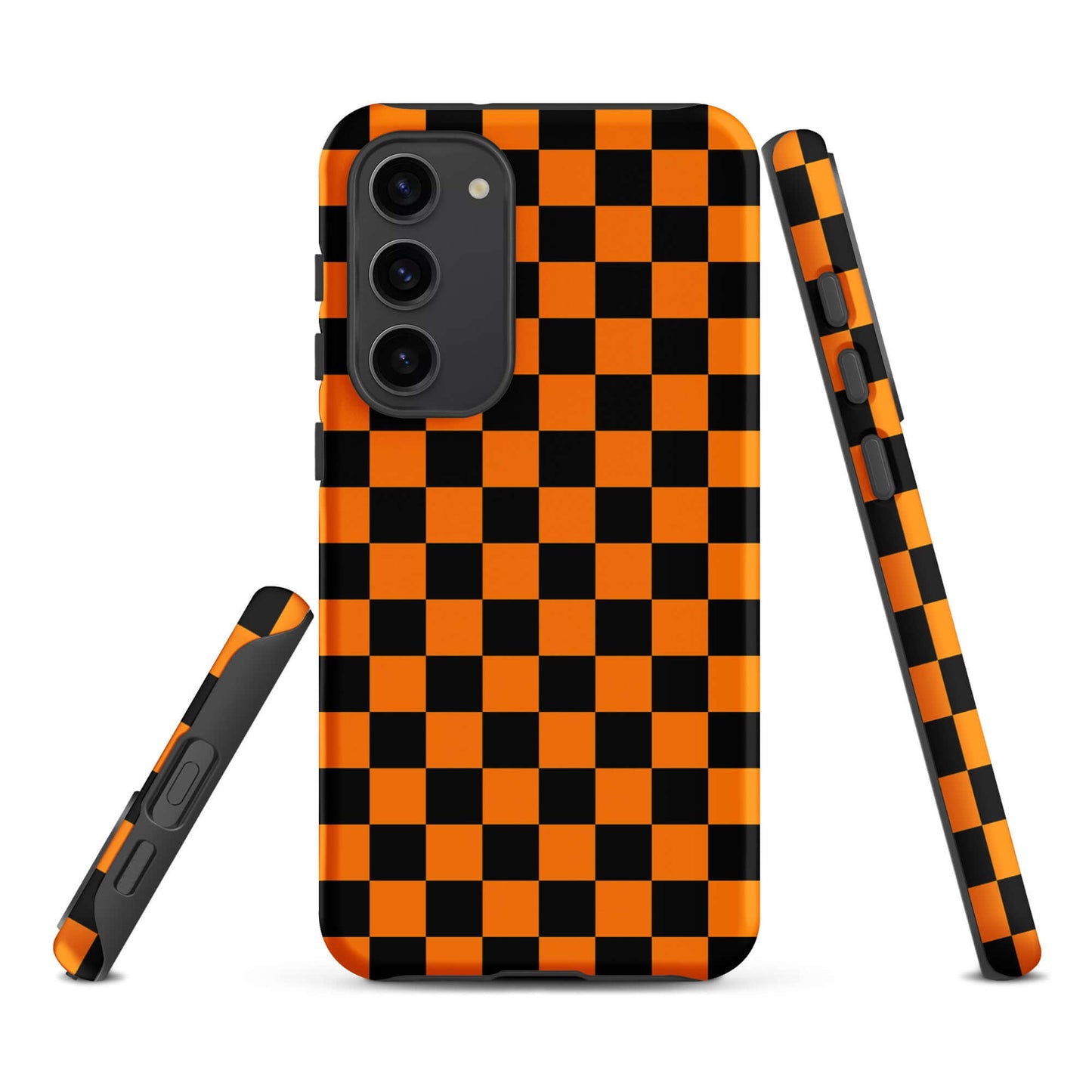 Phone Case for Samsung Galaxy with vibrant orange-black checkered design, showcasing retro and modern style for everyday use.