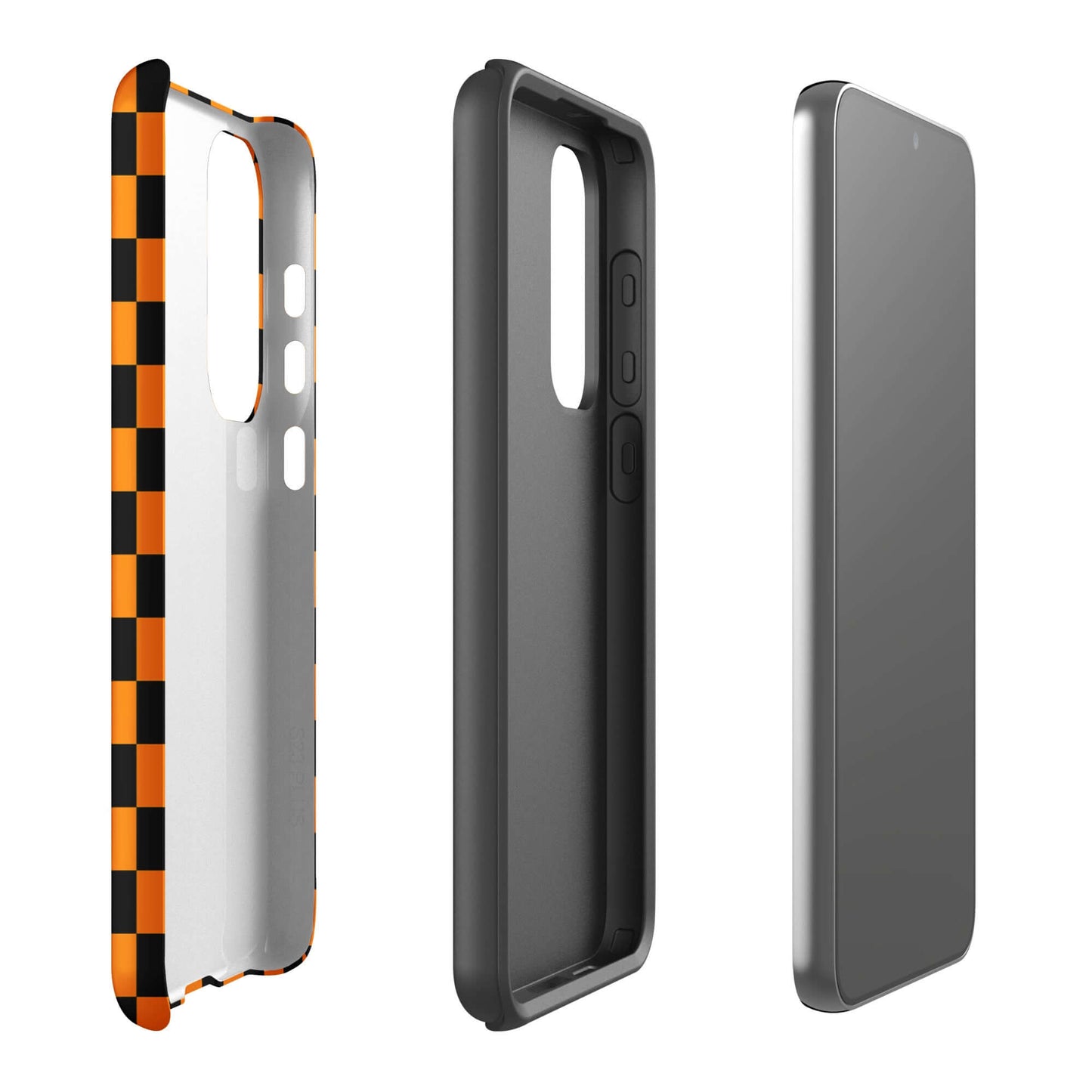 Phone Case for Samsung Galaxy with vibrant orange-black checkered design, showcasing modern flair and retro fun.