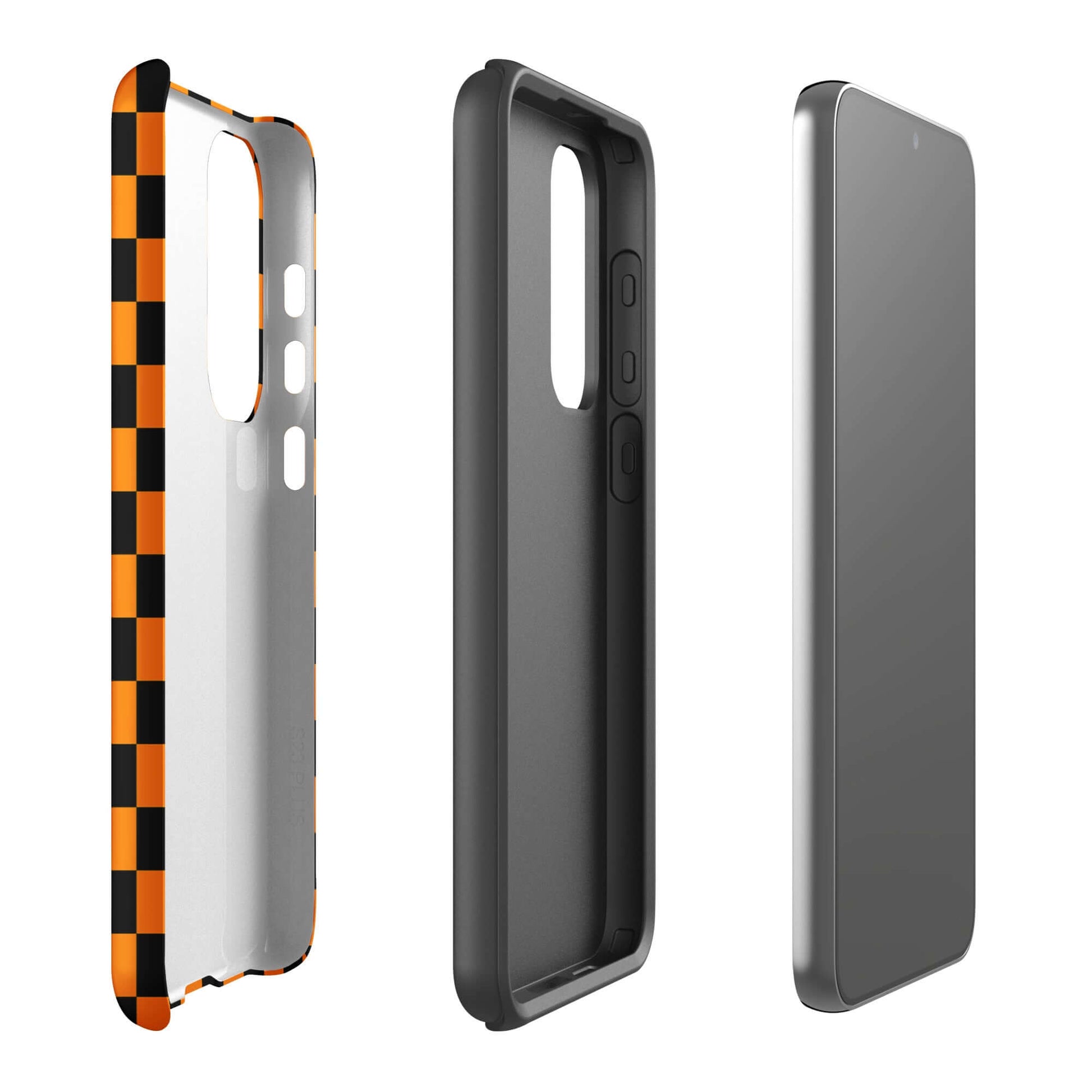 Phone Case for Samsung Galaxy with vibrant orange-black checkered design, showcasing modern flair and retro fun.