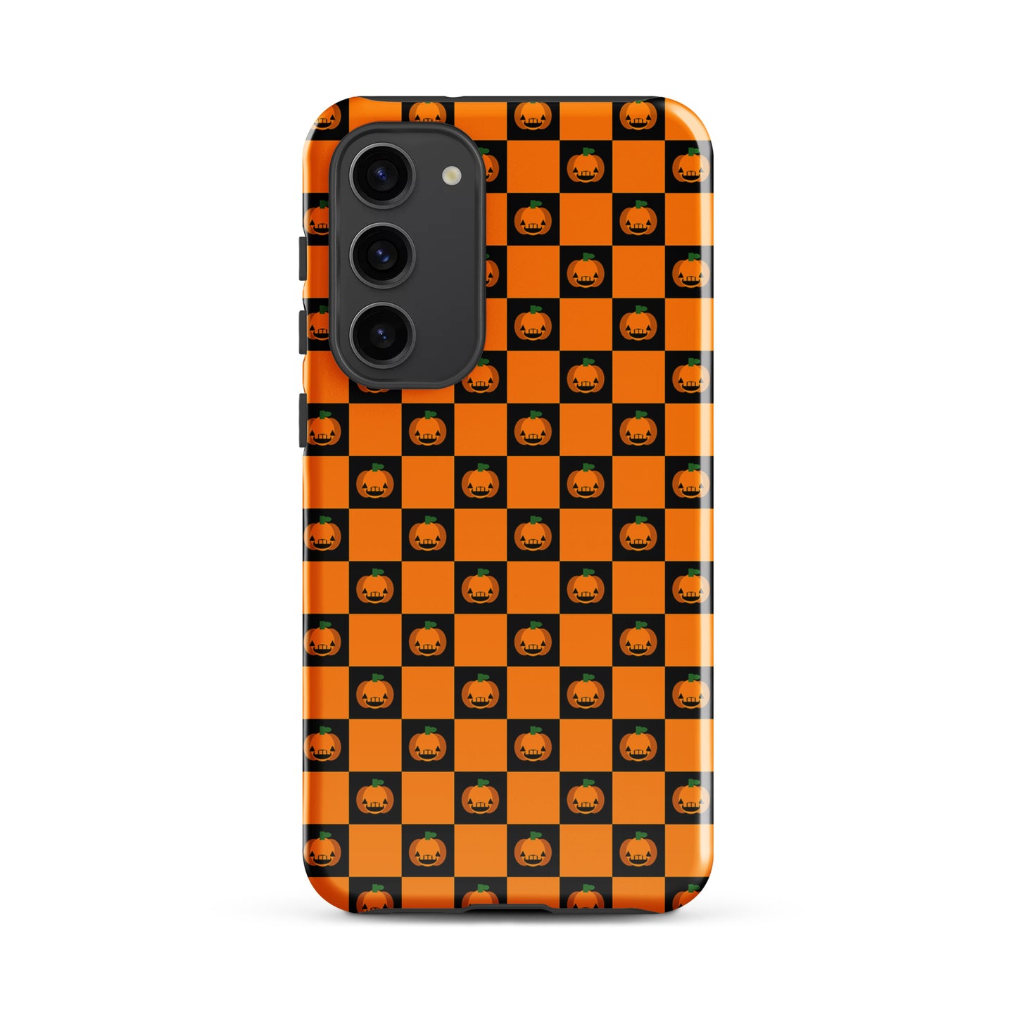Phone Case for Samsung Galaxy with pumpkin checkered Halloween design featuring jack-o’-lanterns on orange and black squares.