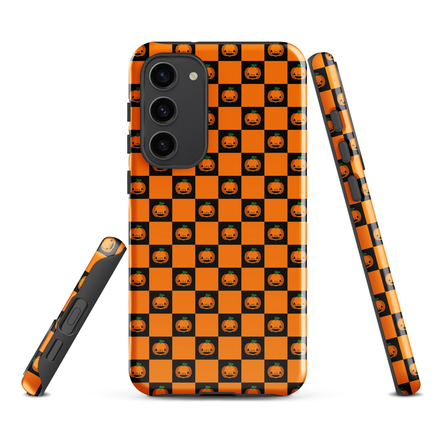 Phone Case for Samsung Galaxy with Halloween pumpkin checkered design, featuring orange and black squares with jack-o'-lanterns.