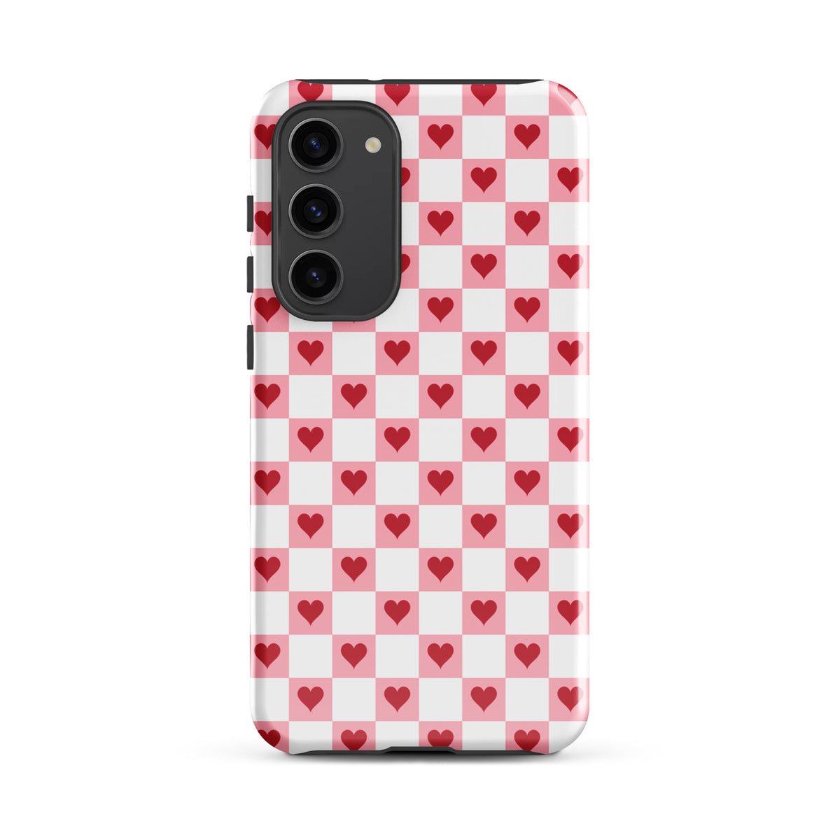 Phone Case for Samsung Galaxy with pink-and-white checkered pattern and red hearts design.