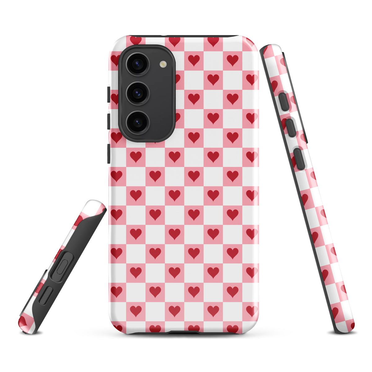 Phone Case for Samsung Galaxy with pink-and-white checkered design and red hearts pattern.