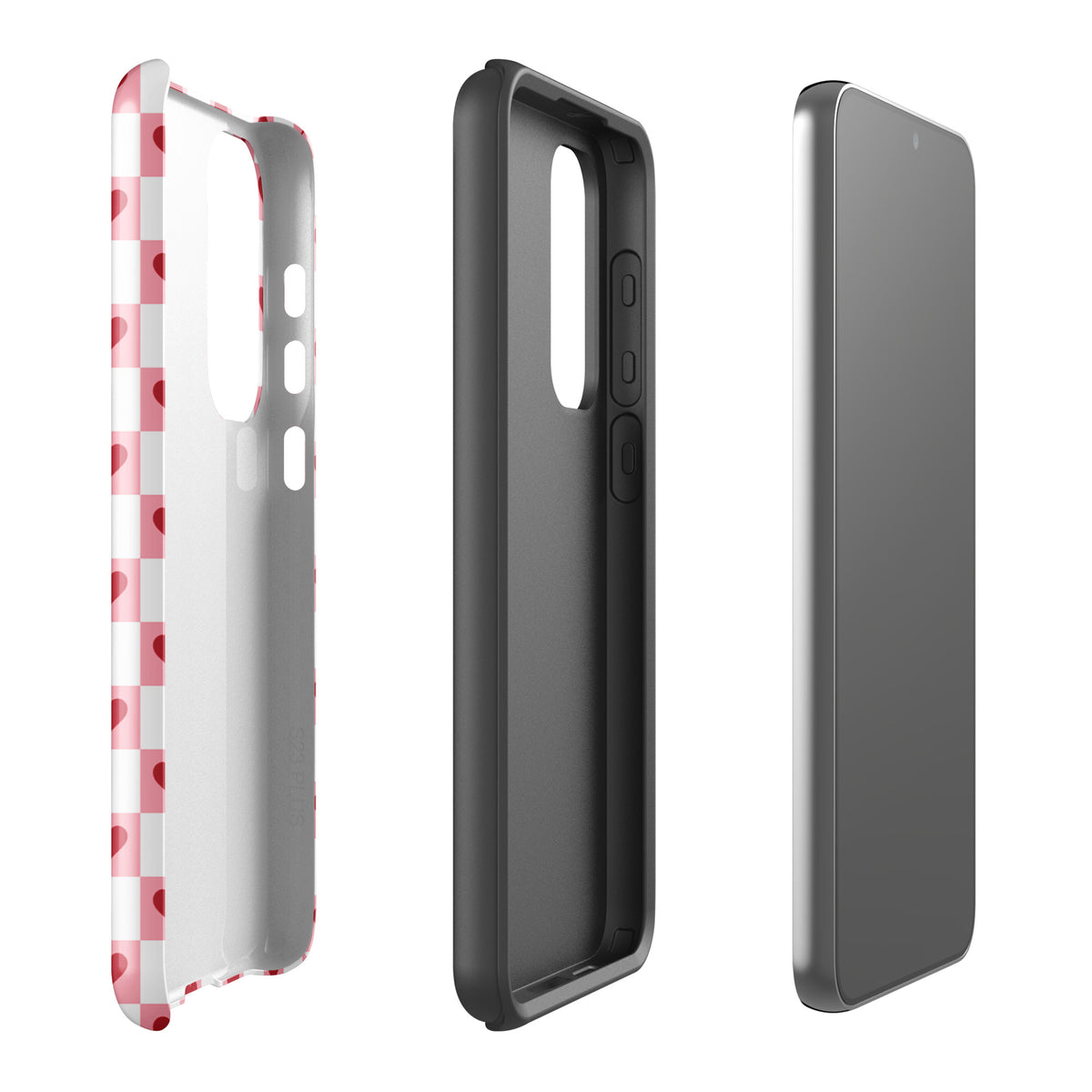 Phone Case for Samsung Galaxy - Pink-and-White with Red Hearts Checkered design, showing side and back views.
