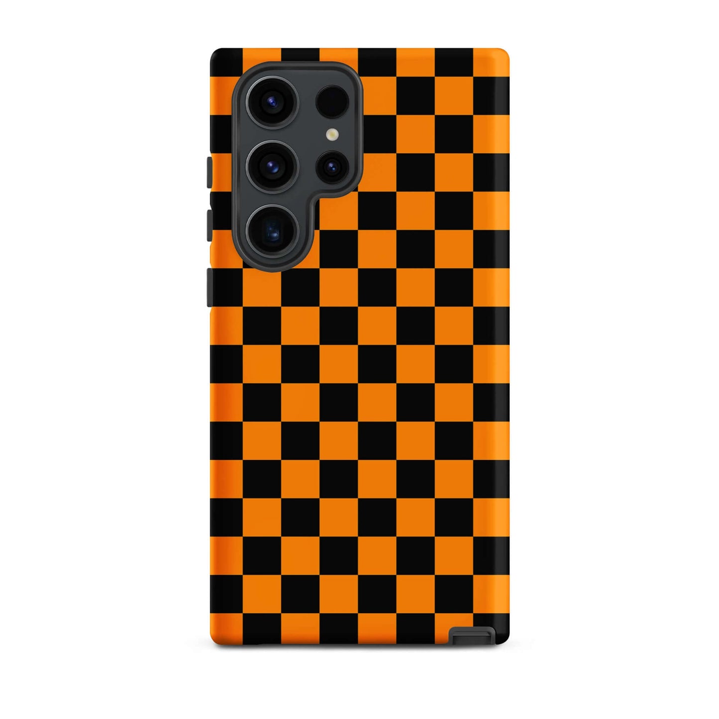 Phone Case with vibrant orange‑black checkered design for Samsung Galaxy, retro-fun, modern flair, energetic pattern.
