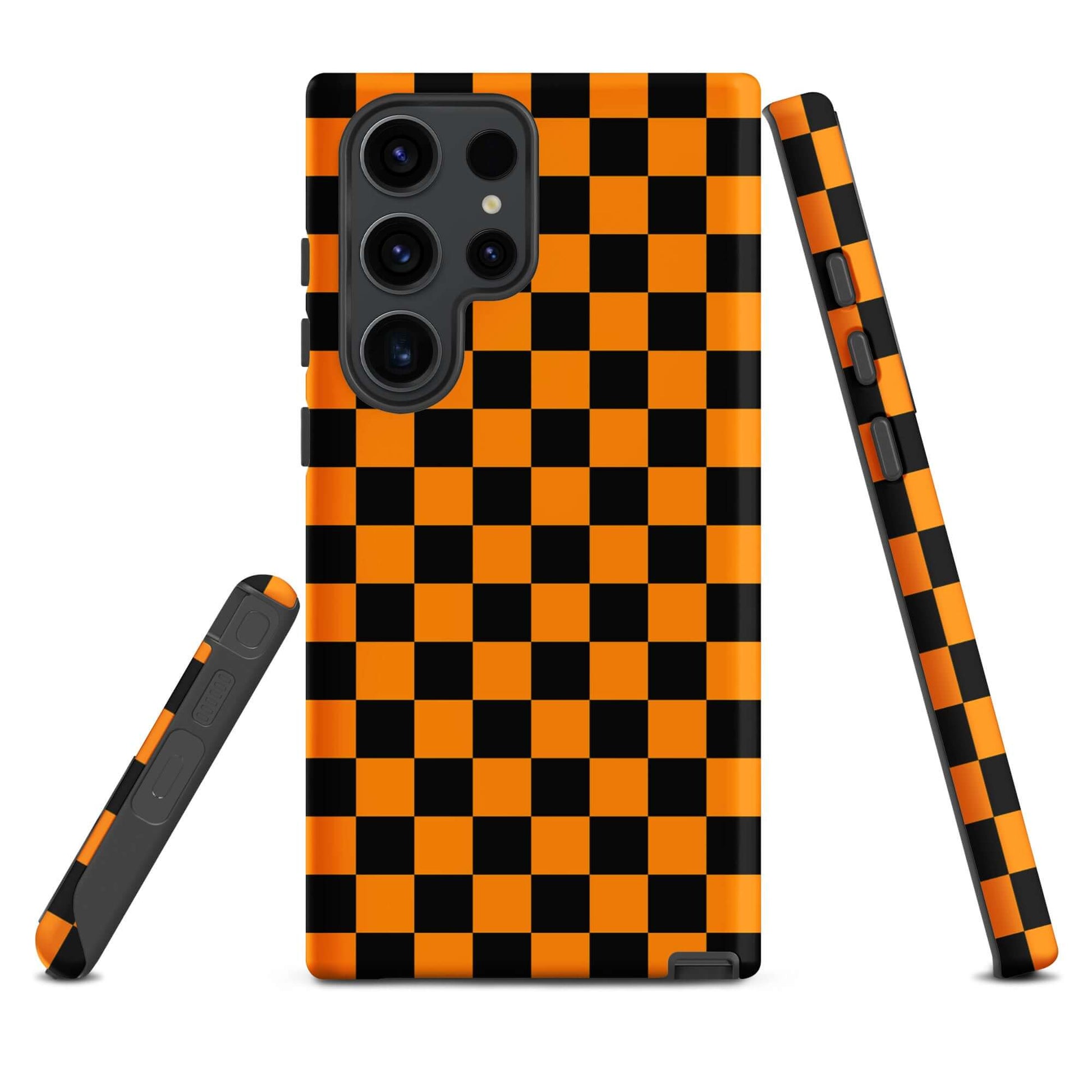 Phone Case for Samsung Galaxy in vibrant orange-black checkered design, adding retro fun and modern flair to your device.