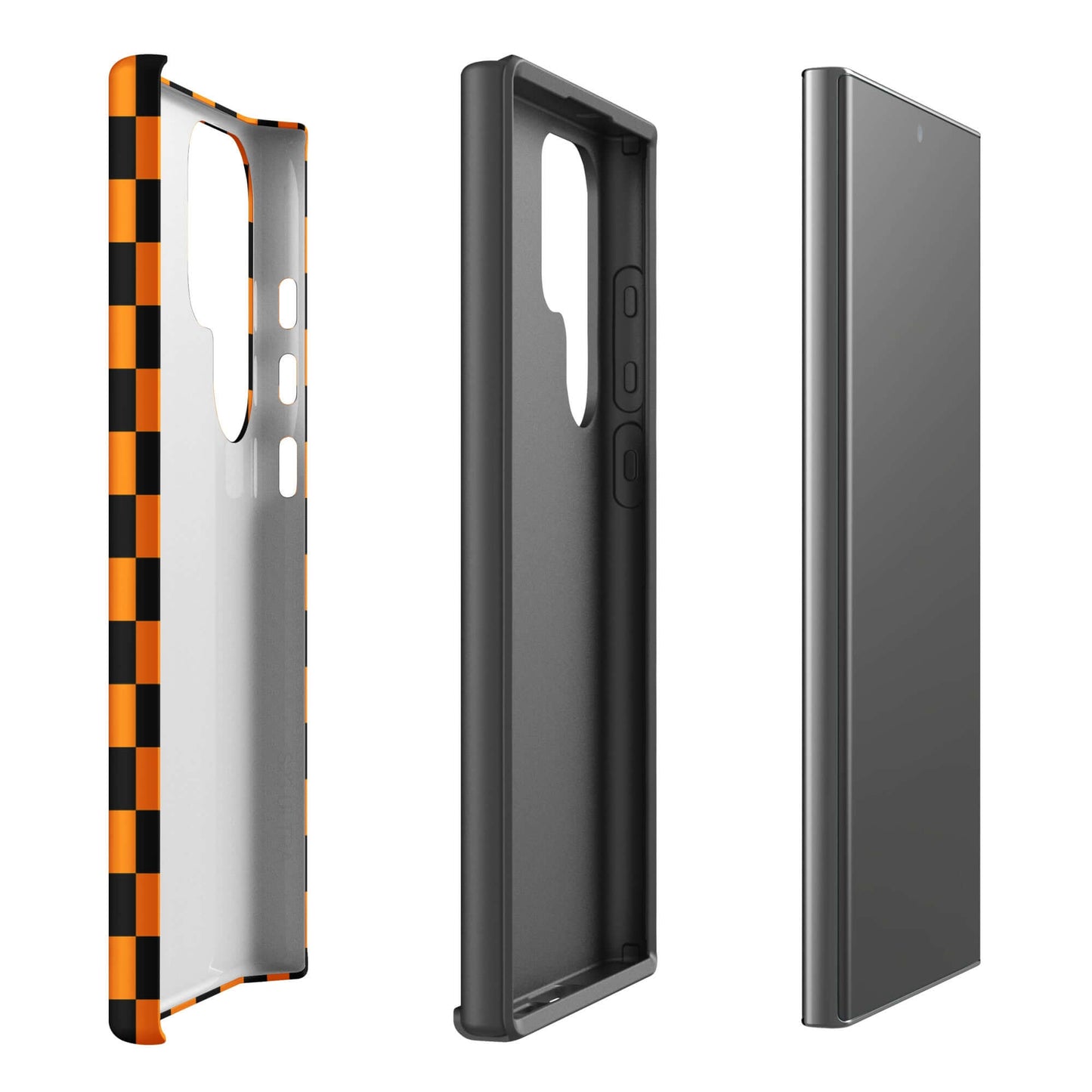 Phone Case for Samsung Galaxy with vibrant orange-black checkered design, showcasing retro and modern style, side and back view.