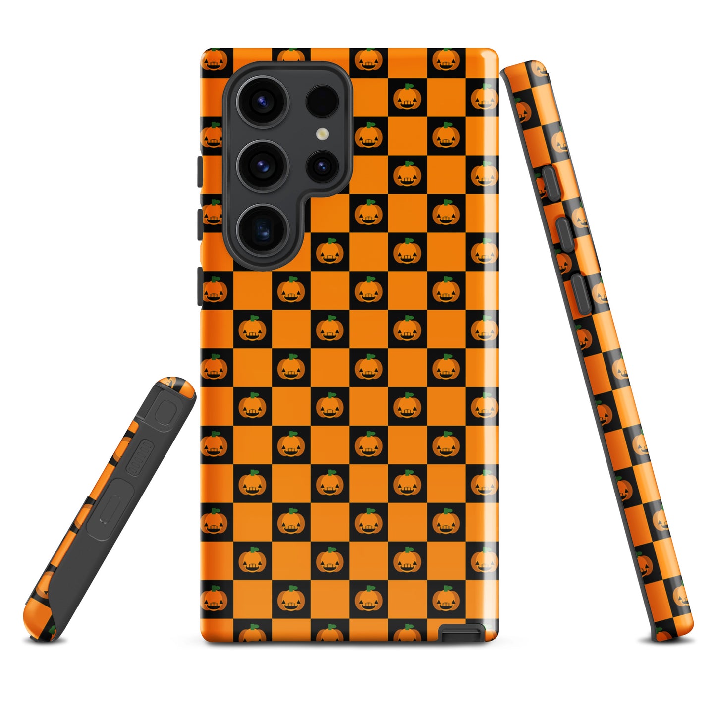 Phone Case for Samsung Galaxy with pumpkin checkered Halloween design featuring jack-o’-lanterns and alternating orange and black squares.
