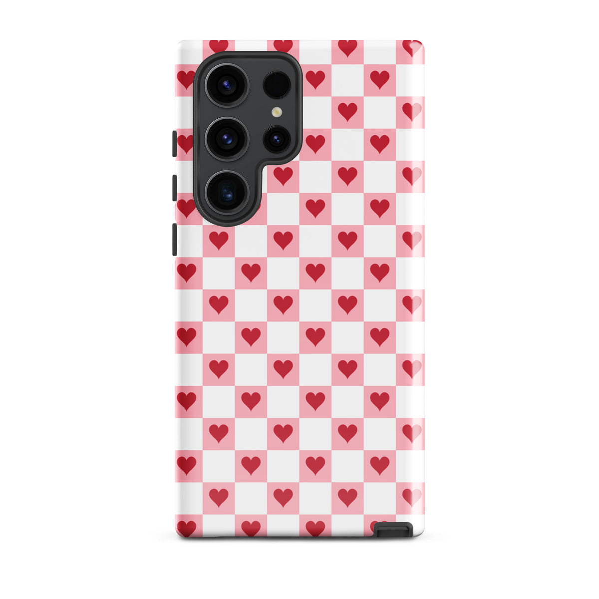Phone Case for Samsung Galaxy with pink-and-white checkered design and red hearts, adding charm to your phone's style.