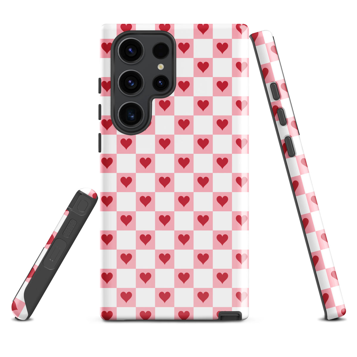 Phone Case for Samsung Galaxy with pink-and-white checkered design and red hearts pattern